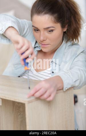 jolie jeune femme tenant un tournevis et réparant des meubles Banque D'Images