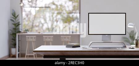 Un espace de travail de bureau moderne avec une maquette d'écran blanc d'ordinateur et des fournitures de bureau sur un bureau dans un espace de co-working de bureau moderne. rendu 3d, illustr 3d. Banque D'Images