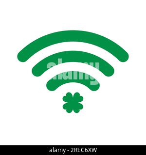 Symbole Wi-fi vert avec feuille de trèfle sur fond blanc. Illustration isolée. Banque D'Images