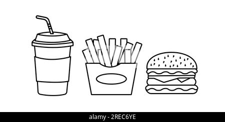 Icône linéaire fastfood. Illustration de ligne fine. Tasse en papier avec boisson, cheeseburger et frites. Symbole de contour de la malbouffe. Contour isolé du vecteur d Illustration de Vecteur