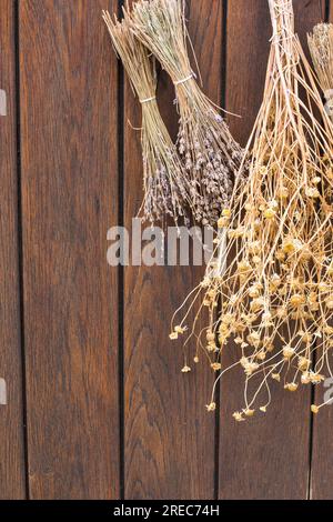 Bouquets d'herbes séchées sur une vieille porte en bois brun avec fond copyspace Banque D'Images