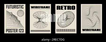 Affiches géométriques abstraites rétro futuristes, art mural, impressions de t-shirts, bannières. Formes 3D filaires Illustration de Vecteur