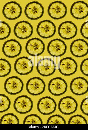 Tranches de citron frais sur fond jaune formant un beau fond de motif de texture de papier peint. Banque D'Images