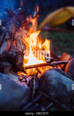 Gros plan d'un feu de camp chaud près de la tente la nuit. Beau feu de joie, brûlant du vieux bois en automne ou en été. Mode de vie actif, voyages, randonnées. Campi Banque D'Images