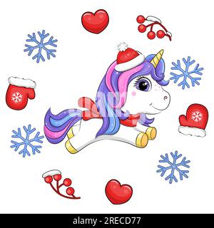 Jolie licorne blanche de dessin animé dans un cadre d'hiver. Illustration vectorielle de Noël d'un animal avec des mitaines rouges, des coeurs, des baies, des flocons de neige bleus. Illustration de Vecteur