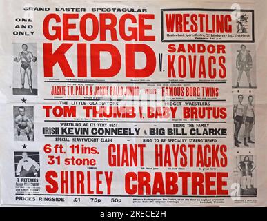 Affiche de lutte du centre sportif Meadowbank, samedi 29 mars Pâques 1975, George Kidd, Sandor Kovacs, midget Tom Thumb, Baby Brutus Banque D'Images