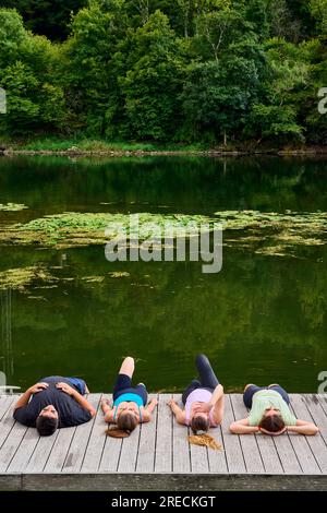 Ougney Douvot (nord-est de la France) : groupe d'amis sur les rives du Canal du Rhone au Rhin. Quatre personnes allongées sur un woo Banque D'Images