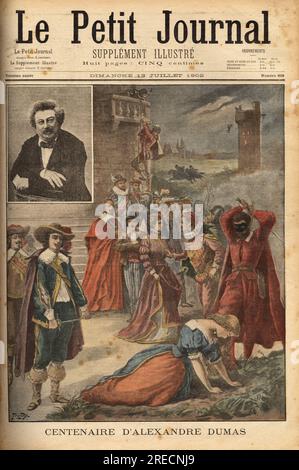 Couverture pour la célébration du centenaire d'Alexandre Dumas (1802-1870), ecrivain francais, il laisse une oeuvre romane de plus de 100 titres ('le comte de Monte Cristo', 'la tulipe noire', 'la reine Margot', 'les trois mousquetairess' etc...) dont le succès, malgre quelques libres prises avec l'histoire, reste constant et populaire. Gravure dans 'le petit journal' 1371902. . Banque D'Images