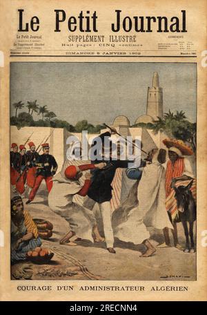 En plein marche, a fort-National, un homme est tue d'un coup de pistolet au milieu de la foule, l'administrateur adjoint de la ville, tenue par le bruit s'elance et desarme le meurtre d'un vigoureux coup de canne, en le saisissant a la gorge, hors que le frère de l'assassin se jette sur lui pour empecher ses mouvements, sa situation dévient critique jusqu'à l'arrivée des zouaves du poste voisin. Gravure dans 'le petit journal' 511902. . Banque D'Images