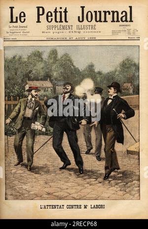 Attentat contre M. Fernand Labori (1860-1917), avocat de la défense d'Alfred Dreyfus (1859-1935), frappe d'une balle dans le dos, a Rennes alors qu'il se rend sur le lieu du jugement de l'affaire. Gravure dans 'le petit journal' 2781899. . Banque D'Images