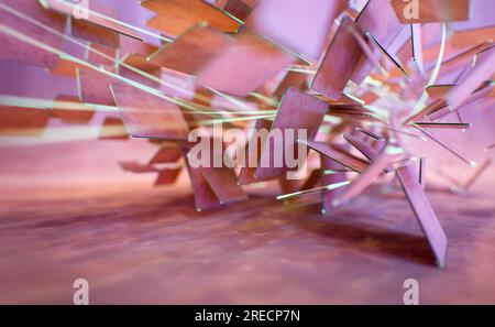 Fond abstrait, concept technologique, rendu 3D, rotation des carrés roses mats sur fond rose Banque D'Images