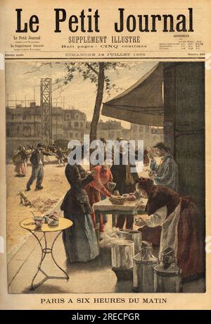 Vendeuse de soupe et de café au lait, intallee sous les portes chères a 6 heures du matins pour le petit déjeuner en plein air des ouvriers parisiens. Gravure dans 'le petit journal' 14071895. Banque D'Images