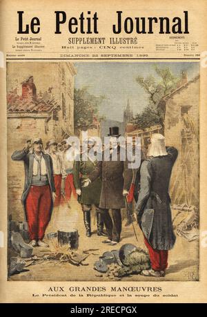 Felix Faure (1841-1899), visite les troupes a Langres pendant les grandes manœuvres et tradition pour tous les visiteurs, il goute la soupe du soldat. Gravure dans 'le petit journal' 22091895. Banque D'Images