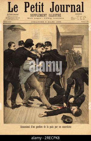 Un anarchiste ( le Gagneux) assassine un gardien de la paix ( Belorgey), dans le commissariat de Pantin . Gravure dans 'le petit journal' 3031895. Banque D'Images