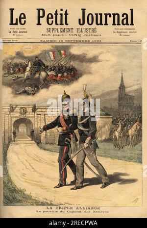 La triple alliance, entre l'Allemagne, l'Autriche Hongrie et l'Italie, accusée par la France de trahison depuis que le prince Victor (1862-1926) a rendu visite a Guillaume II (1859-1941), empereur des allemands, le prince est appelé le petit fils du caporal des zouaves, car fils pere Victor Emmanuel II (grand-Victor) (Vittorio Emanuele) (1820-1878), allie a Napoleon III (1808-1873) contre l'Autriche, avait recu a Palestro, les galons de caporal des zouaves. Gravure dans 'le petit journal' 18091893. Banque D'Images