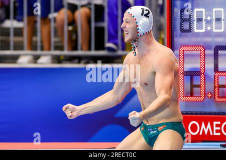 Fukuoka, Japon. 27 juillet 2023. FUKUOKA, JAPON - JUILLET 27 : Erik Molnar de Hongrie lors du match de demi-finale de Waterpolo masculin des Championnats du monde aquatiques 2023 entre la Hongrie et l'Espagne le 27 juillet 2023 à Fukuoka, Japon (photo d'Albert Ten Hove/Orange Pictures) crédit : Orange pics BV/Alamy Live News Banque D'Images