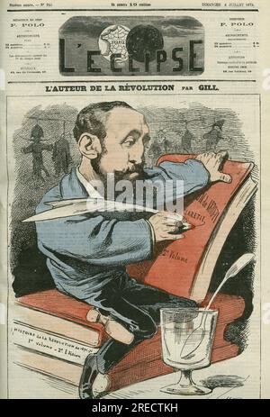Caricature de Jules Claretie (1840-1913), romancier, auteur dramatique et critique francais. Couverture in 'l'Eclipse' par Gill, le 6 juillet 1873, Paris. Banque D'Images