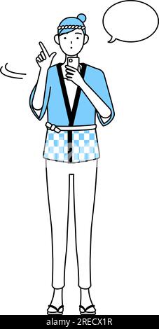 Femme portant manteau Happi pour les festivals d'été utilisant un smartphone, Vector Illustration Illustration de Vecteur