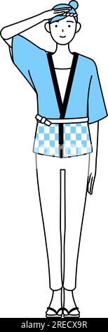 Femme portant manteau Happi pour les festivals d'été faisant un salut, Vector Illustration Illustration de Vecteur