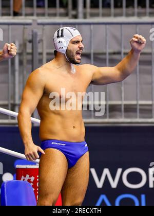 Fukuoka, Japon. 27 juillet 2023. FUKUOKA, JAPON - JUILLET 27 : Dimitrios Nikolaidis de Grèce lors du match de demi-finale de Waterpolo masculin des Championnats du monde aquatiques 2023 entre la Grèce et la Serbie le 27 juillet 2023 à Fukuoka, Japon (photo d'Albert Ten Hove/Orange Pictures) crédit : Orange pics BV/Alamy Live News Banque D'Images