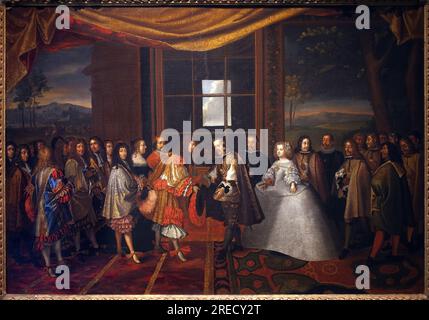 Guerre de trente ans : 'entrevue du roi de France Louis XIV (1638-1715) et de Philippe IV d'Espagne (1605-1665) dans l'ile des Faisans le 7111659' l'Espagne accepte de signer le traité des Pyrénées. On distingue la fille de Philippe IV, Marie Thérèse (Marie-Thérèse) d'Autriche (1638-1683), future reine de France, derriere le roi d'Espagne. Les négociateurs du traité le cardinal Jules Mazarin (Giulio Raimondo Mazzarino ou Mazarino) (1602-1661) et Luis de Haro (1598-1661) sont présents. Sont aussi representes : Anne d'Autriche (1601-1666), Jean Baptiste (Jean-Baptiste) Colbert (1619-1683), Antoi Banque D'Images