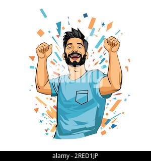 homme célébrant la victoire. L'homme heureux leva les mains. Illustration vectorielle. Drôle de personnage de dessin animé. Illustration de Vecteur