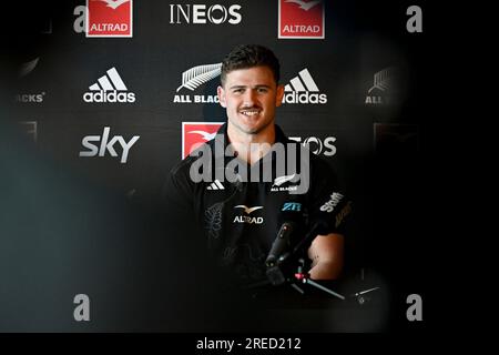 27 juillet 2023 : Auckland, Nouvelle-Zélande : Dalton Papali lors d'une conférence de presse New Zealand All Blacks au Park Hyatt, Auckland, Nouvelle-Zélande le jeudi 27 juillet 2023 avant le match de championnat de rugby contre l'Australie. Banque D'Images