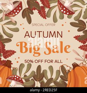 Conception de modèle carré automne Big sale avec espace de copie. Concept pour cadre carré de poteau de médias sociaux avec différentes branches de feuilles, citrouilles et mouches agaric de champignon. Illustration de Vecteur