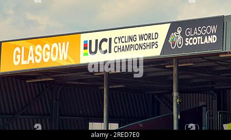 Les logos et les accessoires des championnats du monde de cyclisme UCI apparaissent dans le stade bnx de knightswood Banque D'Images