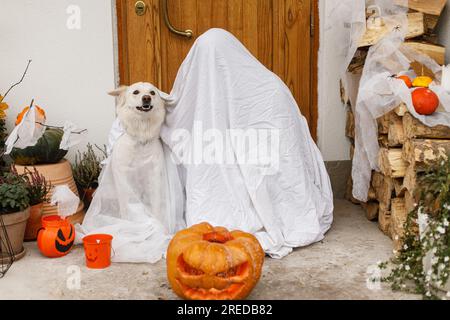 Fantôme effrayant et chien mignon avec Jack o lanterne à l'avant de la maison avec des décorations effrayantes d'halloween sur le porche. Friandise ou friandise ! Personne et chiot habillés comme Banque D'Images