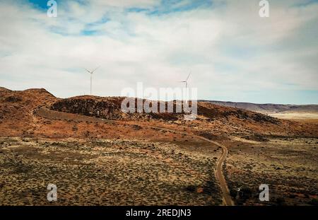 Johannesburg. 25 juillet 2023. Cette photo prise le 25 juillet 2023 montre des éoliennes du projet éolien de AAR à de AAR, en Afrique du Sud. La capacité installée du projet éolien de AAR investi par la société chinoise Longyuan Power et ses partenaires sud-africains est de 244,5 mégawatts (MW), Qui peut fournir de manière stable une énergie propre d'environ 760 gigawattheure (GWh) par an, ce qui équivaut à économiser plus de 200 000 tonnes métriques de charbon standard, réduisant les émissions de dioxyde de carbone de 700 000 tonnes métriques. Crédit : Yeshiel Panchia/Xinhua/Alamy Live News Banque D'Images