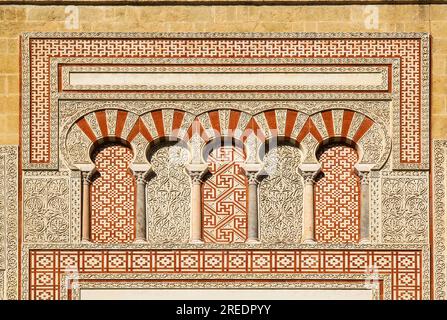 Motifs arabes sur la porte Puerta de San Ildefonso dans le style mauresque, murs de l'ancienne Mezquita, Mosquée-Cathédrale de Cordoue, Espagne. Banque D'Images