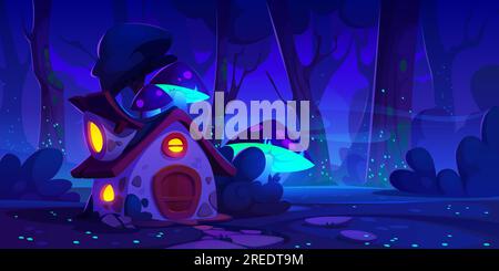 Maison de conte de fées sur clairière de forêt de nuit. Illustration de dessin animé vectoriel de cabane en bois fantastique avec porte, porche et lumière dans les fenêtres rondes, champignons au néon et lucioles brillant dans l'obscurité, sentier en pierre Illustration de Vecteur