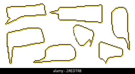 Bulles de parole pixel boîtes de dialogue graphique de collecte. Zone de texte ligne de jeu rétro 8 bits. Couleur jaune, noir et blanc barre de message pixelisée vide. Devis Illustration de Vecteur
