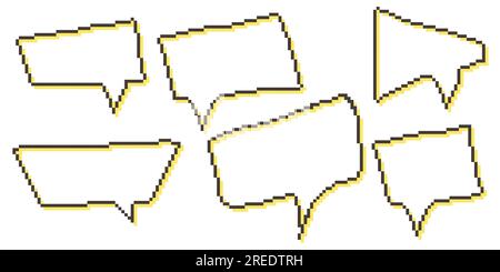 Bulles de parole pixel boîtes de dialogue graphique de collecte. Zone de texte ligne de jeu rétro 8 bits. Couleur jaune, noir et blanc barre de message pixelisée vide. Devis Illustration de Vecteur