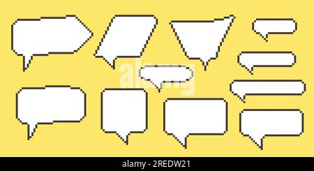 Bulles de parole pixel boîtes de dialogue graphique de collecte. Zone de texte ligne de jeu rétro 8 bits. Couleur jaune, noir et blanc barre de message pixelisée vide. Devis Illustration de Vecteur