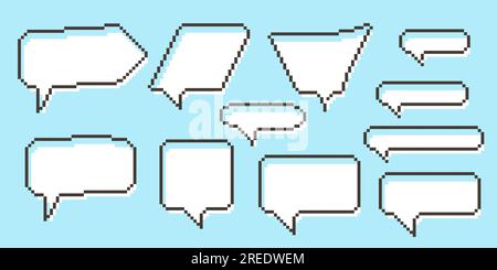 Bulles de parole pixel boîtes de dialogue graphique de collecte. Zone de texte ligne de jeu rétro 8 bits. Couleur jaune, noir et blanc barre de message pixelisée vide. Devis Illustration de Vecteur