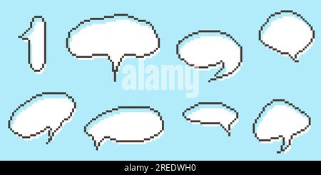 Bulles de parole pixel boîtes de dialogue graphique de collecte. Zone de texte ligne de jeu rétro 8 bits. Couleur jaune, noir et blanc barre de message pixelisée vide. Devis Illustration de Vecteur