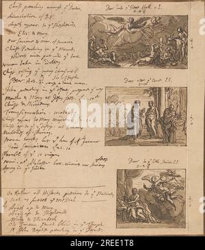 L'Ange apparaissant aux bergers, la visite et l'annonce : une feuille de notes pour un schéma décoratif proposé avec 3 croquis de peintures pour portes ouvertes de James Thornhill Banque D'Images