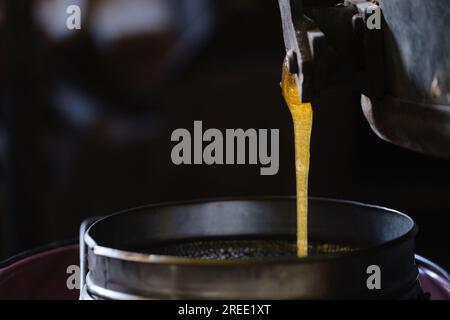 Miel qui s'égoutte de la pelle à miel dans le bocal. Gros plan. Miel grossier bio sain trempant dans le tonneau en bois Banque D'Images