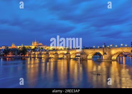 Le château et le célèbre pont Charles à Prague la nuit Banque D'Images