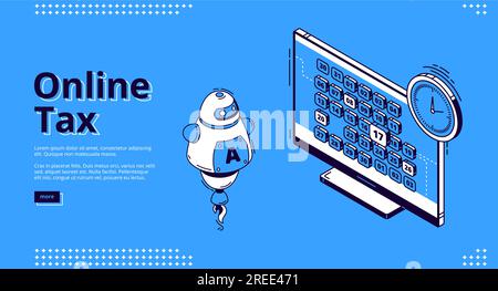 Page de destination isométrique fiscale en ligne. Robot ai avant du bureau de l'ordinateur avec calendrier et horloge. Technologie intelligente pour la comptabilité bancaire, application pour la fiscalité sur Internet, bannière web 3d Vector line art Illustration de Vecteur