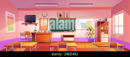 Salle de classe pour l'apprentissage de la chimie avec formule au tableau noir. Illustration de dessin animé vectoriel de l'intérieur de classe d'école vide avec des flacons sur le bureau et affiche avec tableau périodique chimique sur le mur Illustration de Vecteur