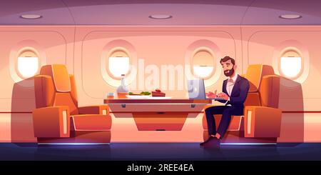 Classe affaires en avion. Intérieur luxueux de jet privé. Illustration de dessin animé vectoriel avec homme d'affaires travaillant sur ordinateur portable, sièges confortables orange et nourriture et boisson sur la table Illustration de Vecteur