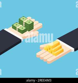 Les mains isométriques tiennent de l'argent et des lingots d'or. Pile de lingots d'or brillants et de billets de banque en dollars. Concept commercial. Échange bancaire. Illustration vectorielle. Illustration de Vecteur