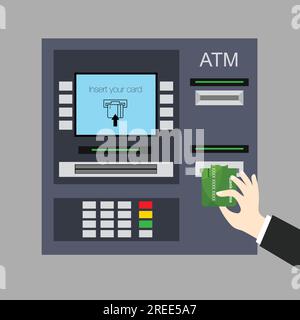 Main poussant la carte de crédit dans la fente du distributeur automatique de billets. Retrait d'un billet de banque en dollars. Obtenir de l'argent. Illustration vectorielle dans un style plat tendance. Illustration de Vecteur