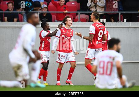 Kalmar, Suède. 27 juillet 2023. Jacob Trenskow de Kalmar (#20, C) célèbre avoir marqué le but d'ouverture lors de l'UEFA Europa Conference League, deuxième tour de qualification, première manche, entre Kalmar FF et FC Pyunik à Kalmar Arena (Guldfågeln Arena) à Kalmar, Suède le 27 juillet 2023.photo : Patric Soderstrom/TT/Kod 10760 crédit : TT News Agency/Alamy Live News Banque D'Images