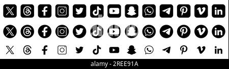 Ensemble d'icônes de médias sociaux. Twitter, threads, facebook, instagram, tiktok, youtube, snapchat et autres. Logos éditoriaux isolés sur fond transparent Illustration de Vecteur