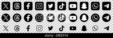 Twitter, threads, facebook, instagram, tiktok et etc Ensemble de logos de médias sociaux. Icônes éditoriales isolées sur fond transparent Illustration de Vecteur