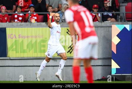 Kalmar, Suède. 27 juillet 2023. Pyuniks Luka Juricic célèbre après avoir marqué lors de l'UEFA Europa Conference League, deuxième tour de qualification première manche, entre Kalmar FF et FC Pyunik à Kalmar Arena (Guldfågeln Arena) à Kalmar, Suède le 27 juillet 2023.photo : Patric Soderstrom/TT/Kod 10760 crédit : TT News Agency/Alamy Live News Banque D'Images